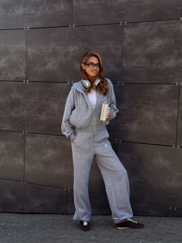 Knit Suit with Trim and Embroidery - Gray by Brand&Trend