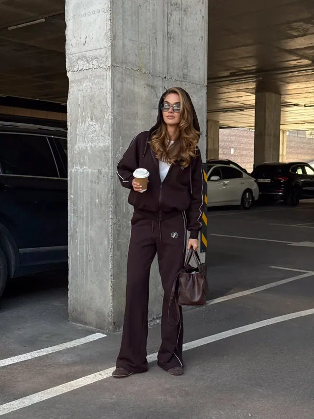 Knit Suit with Trim and Embroidery - Chocolate by Brand&Trend